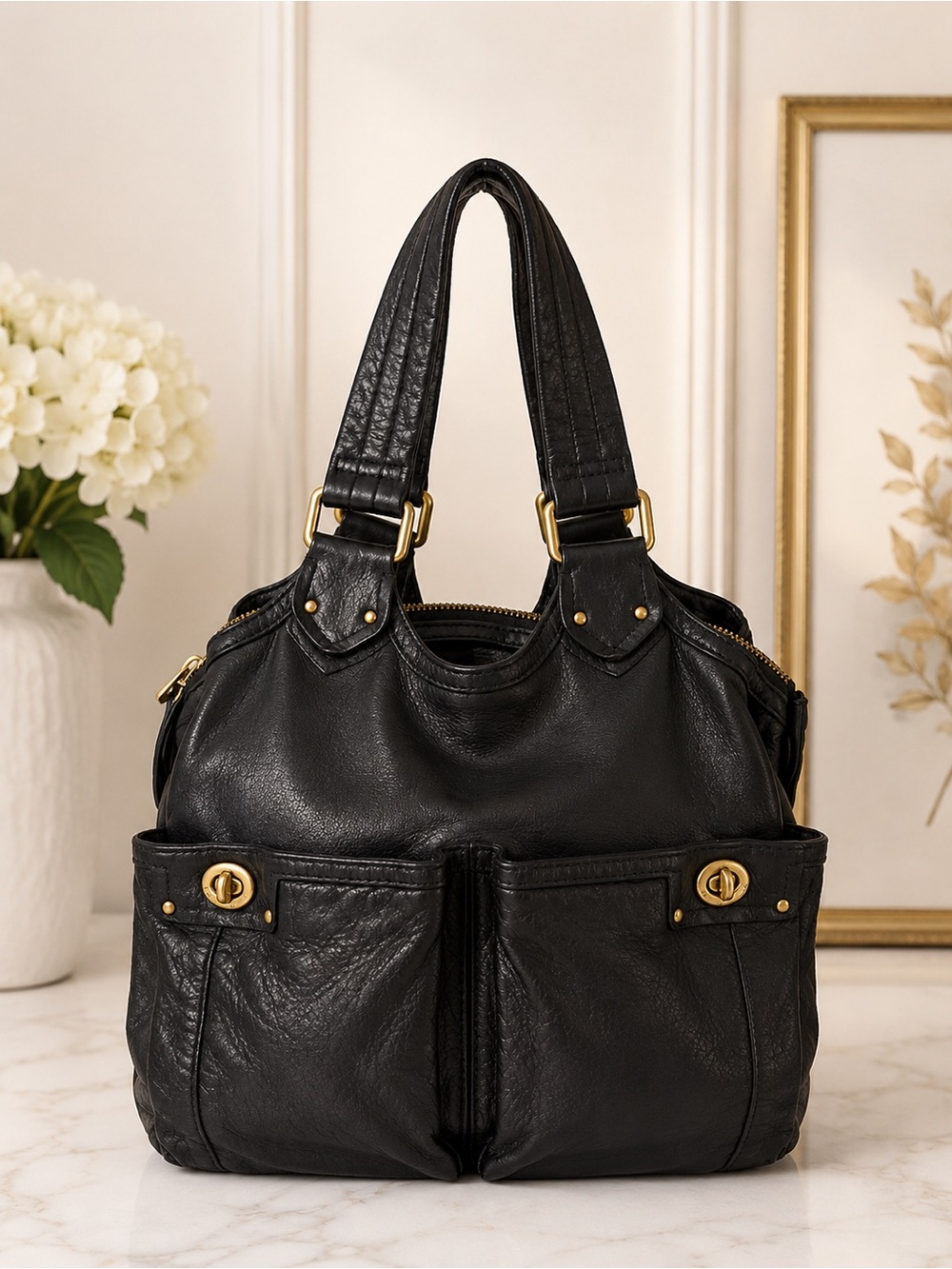 Marc Jacobs Black Leather Shoulder Bag Y2K Hobo Tote Multi Pocket Tote bag